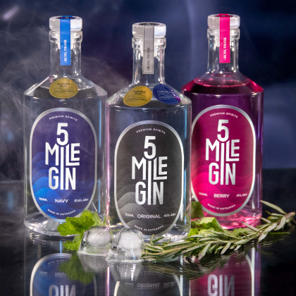 Three bottles of 5 Mile Gin.