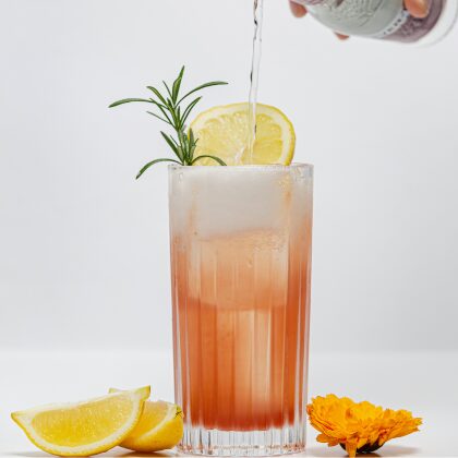 Refreshing cocktail with lemon and rosemary garnish
