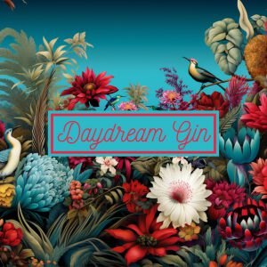 Colorful flowers with Daydream Gin text overlay.