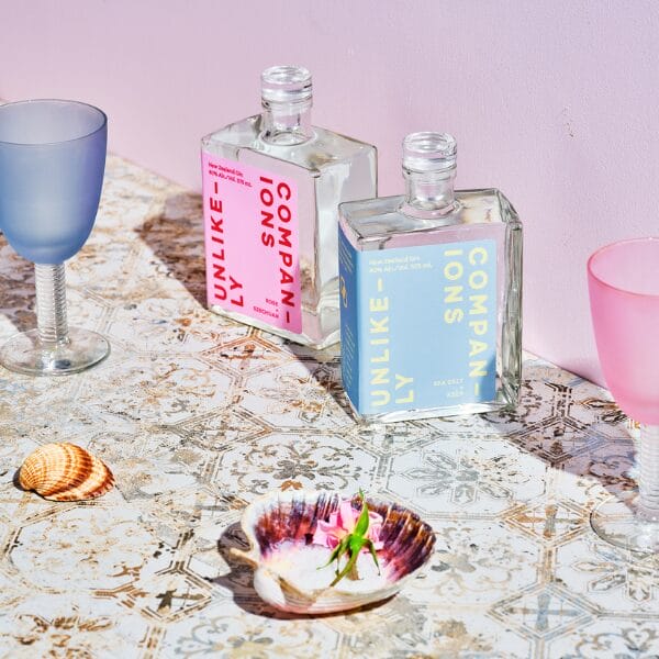 Pink and Blue bottles of gin with glasses and seashells as accessories.